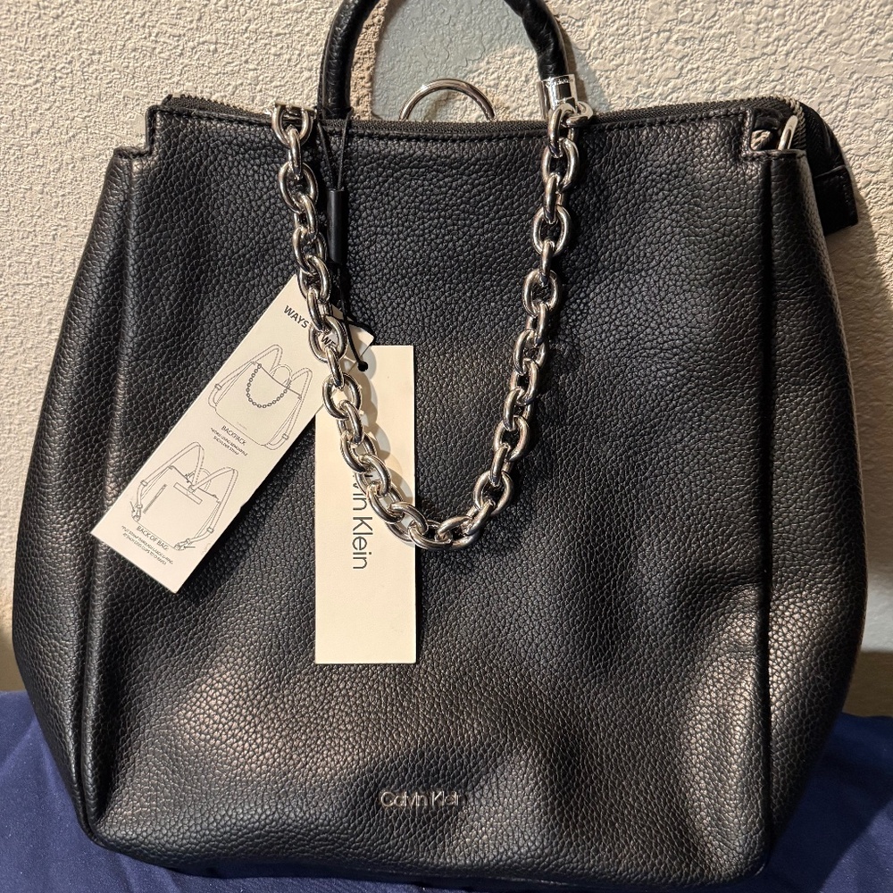 Calvin Klein Leather Chain Convertible Backpack Handbag NWT